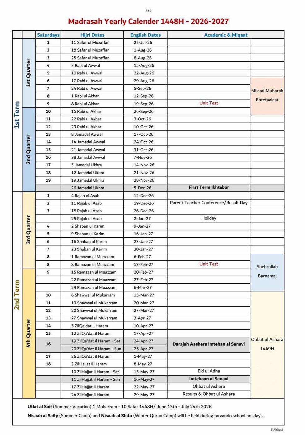 2026-27 Calendar